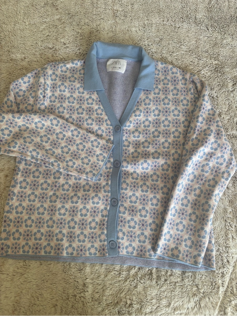 Zara Pastel Blue Floral Knit Cardigan for Girls